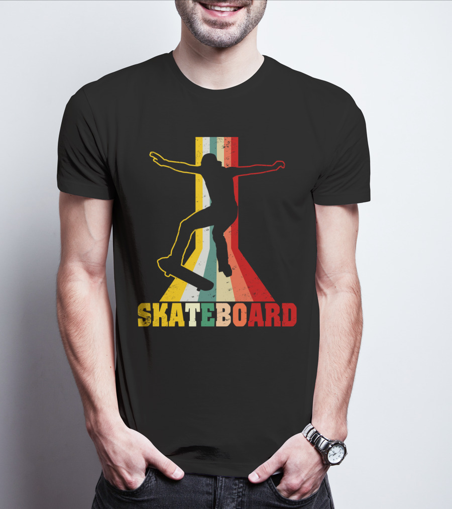 Retro Skateboard Silhouette With Vintage Color Stripes T-Shirt