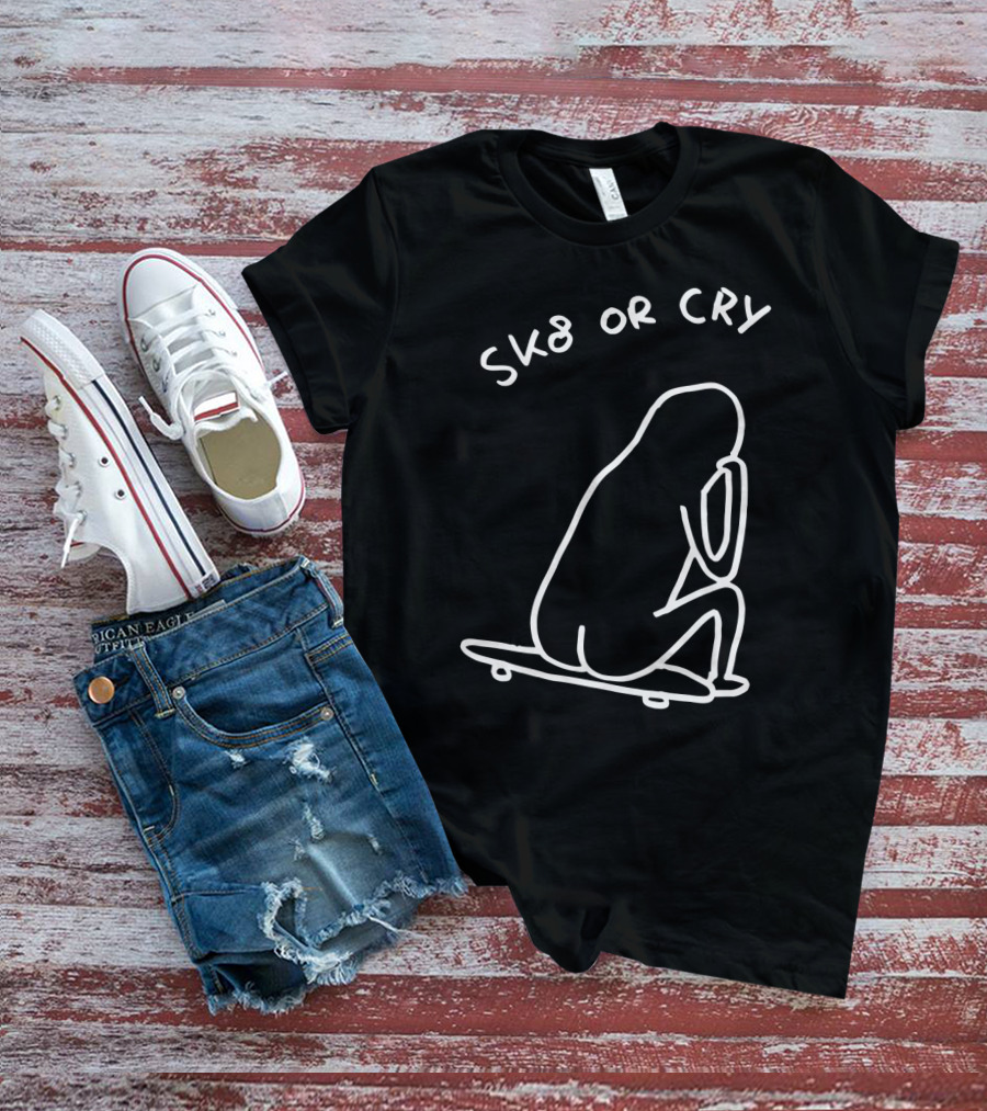 Sk8 Or Cry Minimalist Outline Sitting Figure On Skateboard T-Shirt