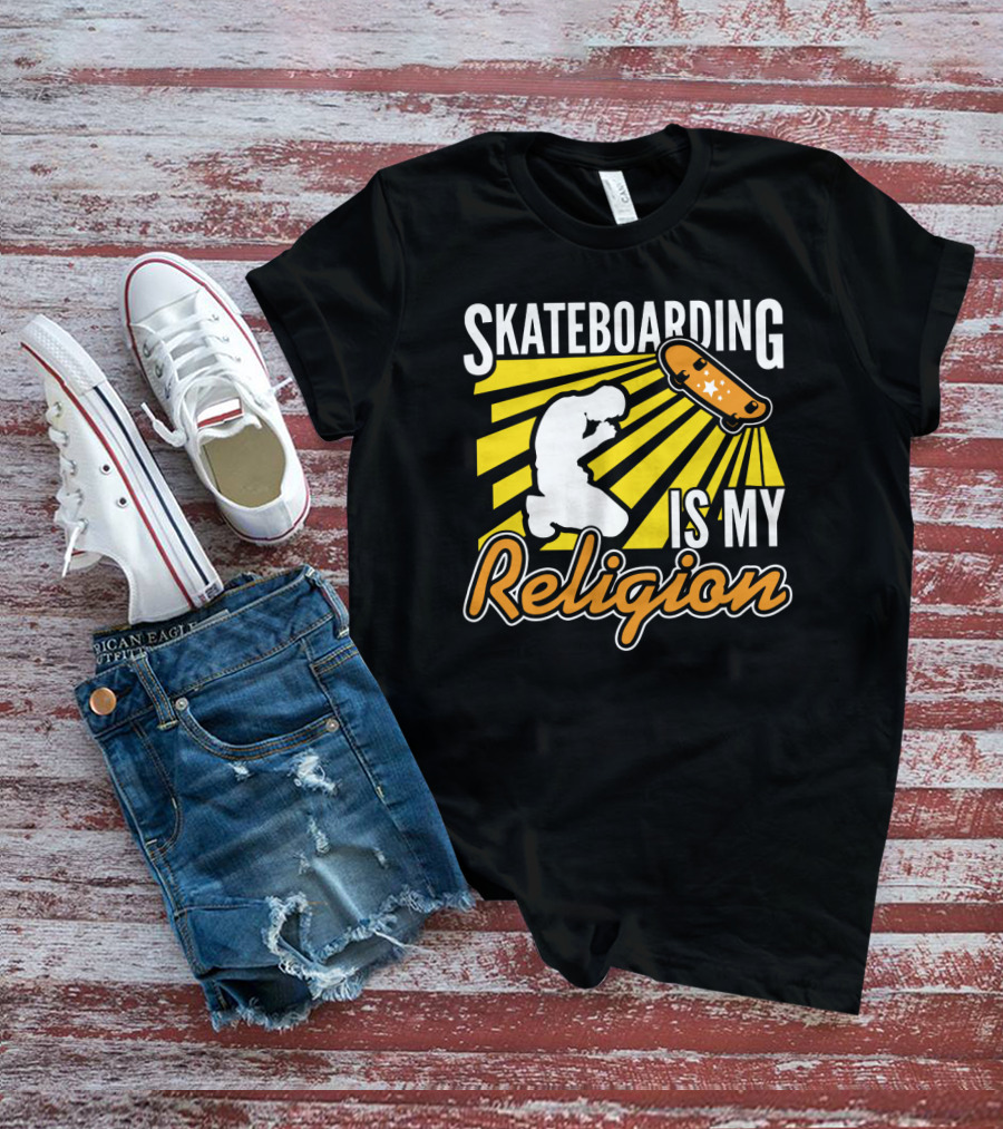Skateboarding Is My Religion Kneeling Silhouette With Skateboard And Sunburst T-Shirt
