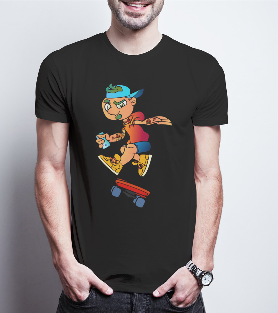 Skaterboi Colorful Cartoon Character With Cap And Skateboard T-Shirt