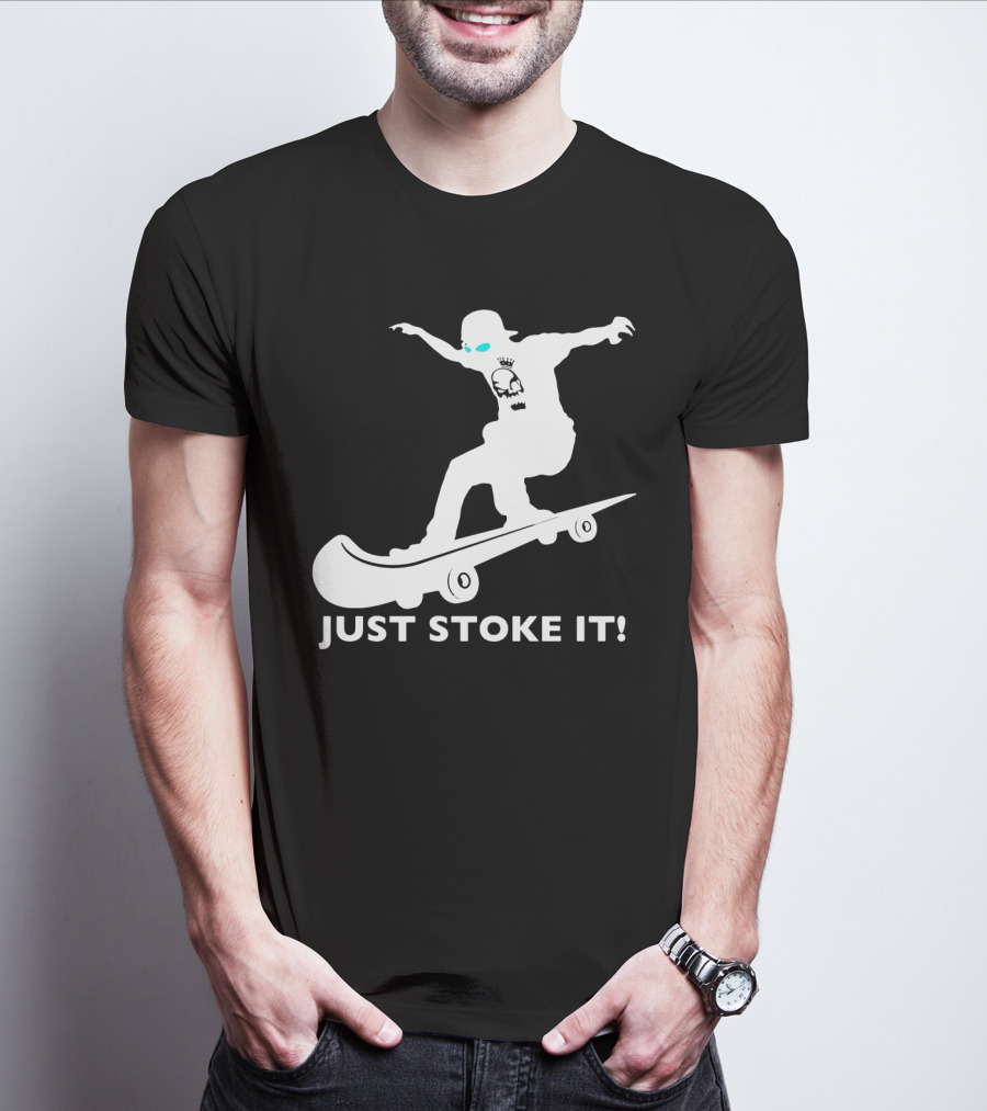 JUST STOKE IT Skateboarding Silhouette Skull T-Shirt