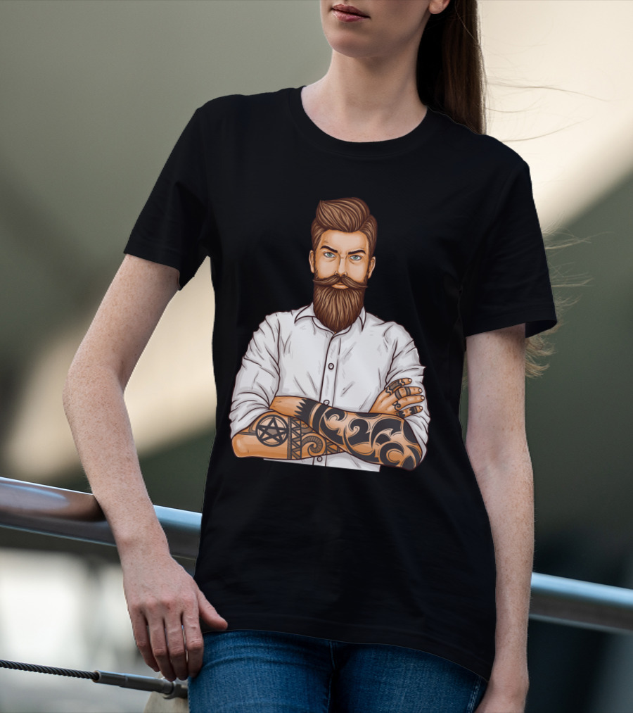 Barber Style Bearded Man With Tattoo T-Shirt