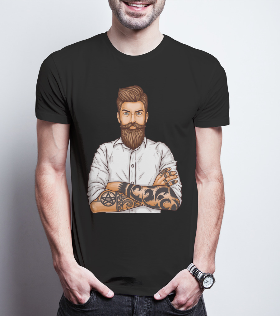 Barber Style Bearded Man With Tattoo T-Shirt