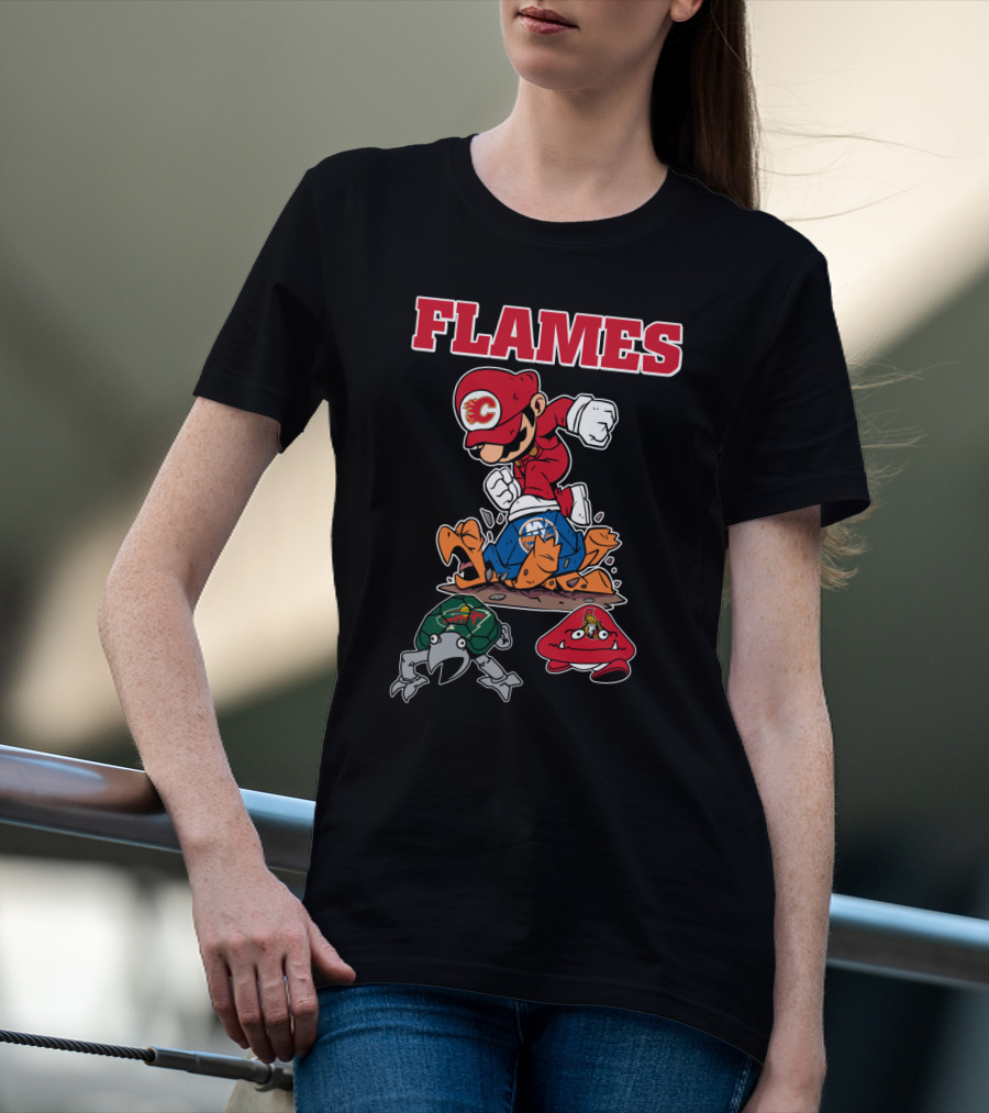 Calgary Flames Mario Parody Hockey Characters Retro Style T-Shirt