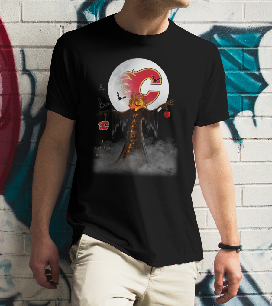Halloween Calgary Flames Spooky Pumpkin Head With Full Moon And Bats T-Shirt