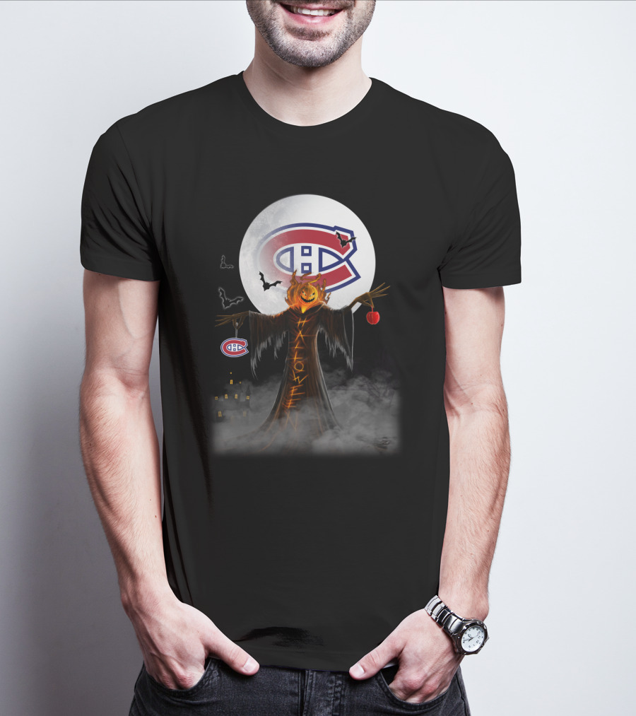 Halloween Canadiens Pumpkin Moon Bats Hockey Montreal T-Shirt