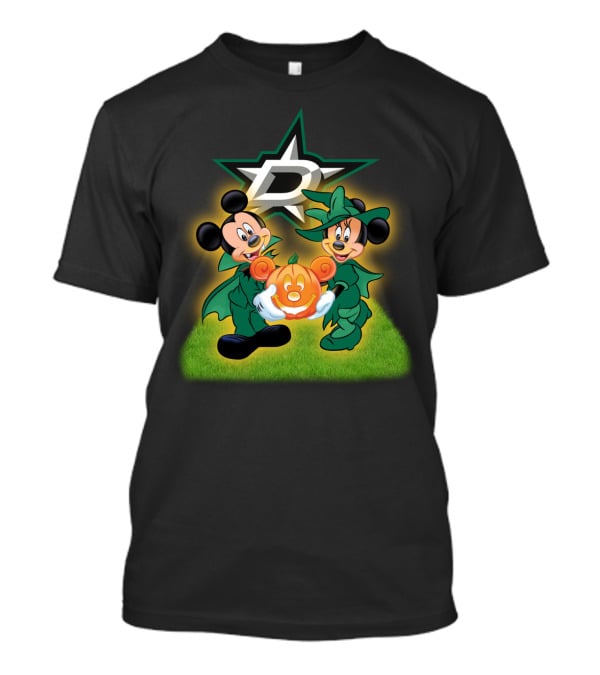 Dallas Stars Halloween Mickey And Minnie With Pumpkin On Grass Background T-Shirt