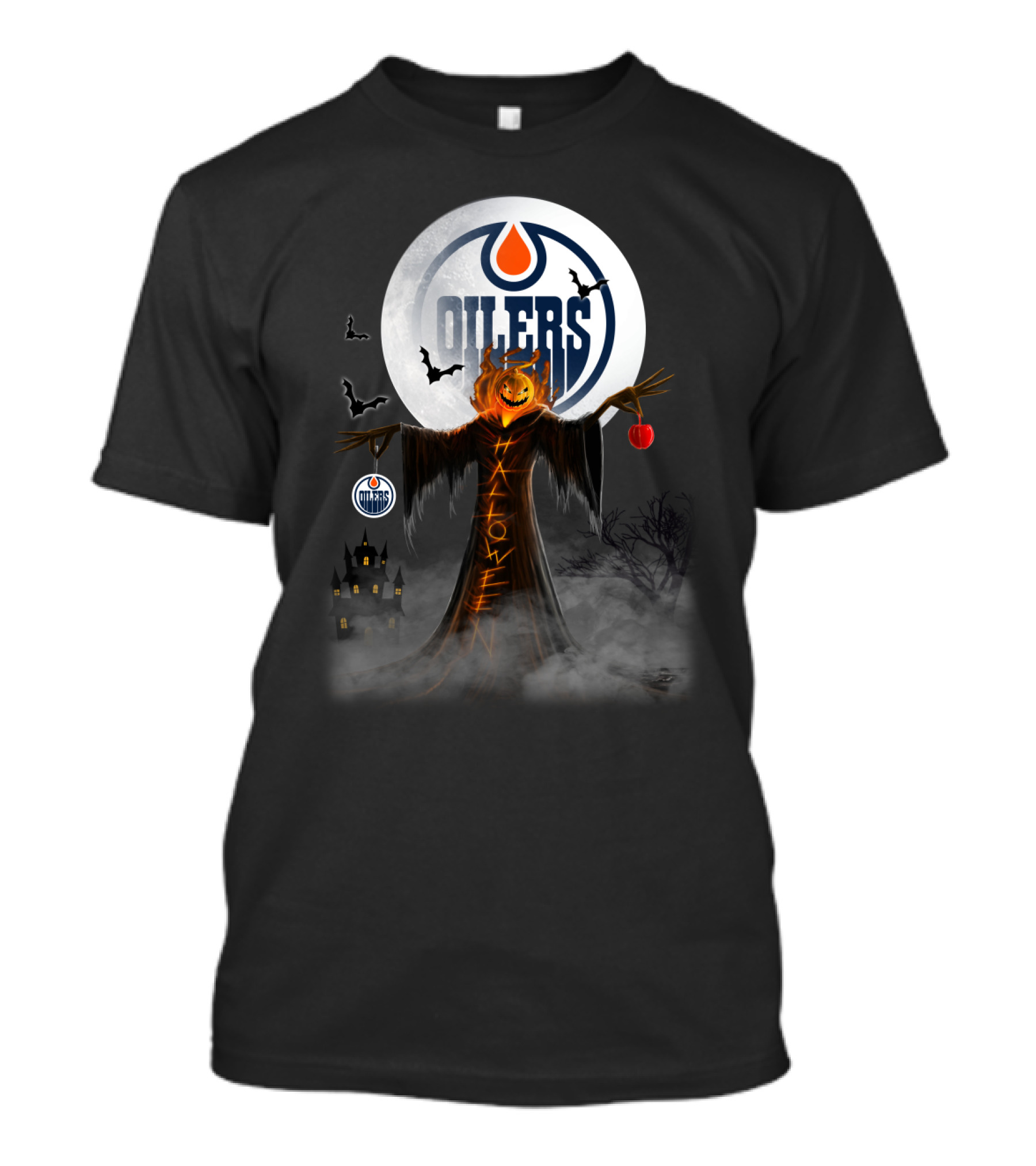 Halloween Edmonton Oilers Spooky Jack O'lantern Moon Bats 성Detection Game Haunted Castle T-Shirt