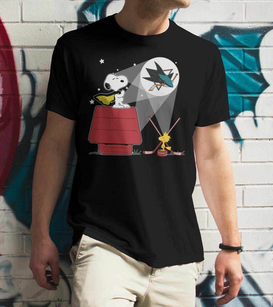 Snoopy Woodstock San Jose Sharks Nhl Fan Art Moonlight Scene T-Shirt
