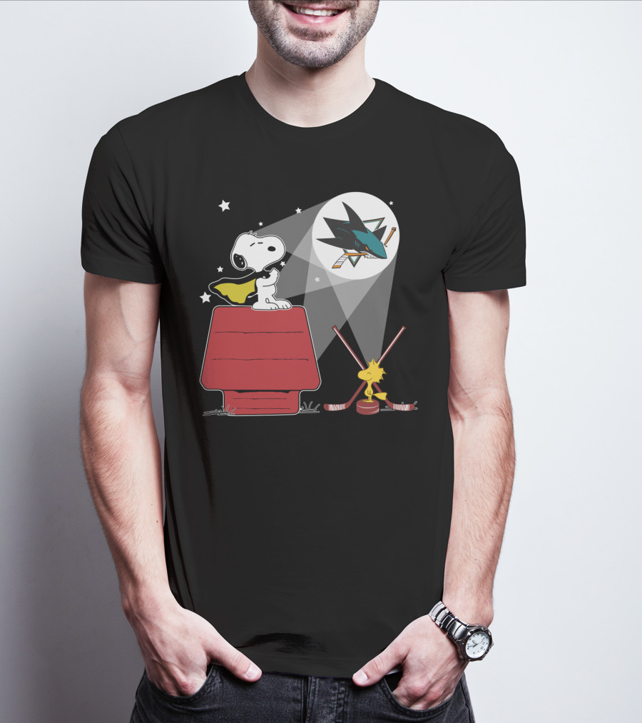 Snoopy Woodstock San Jose Sharks Nhl Fan Art Moonlight Scene T-Shirt