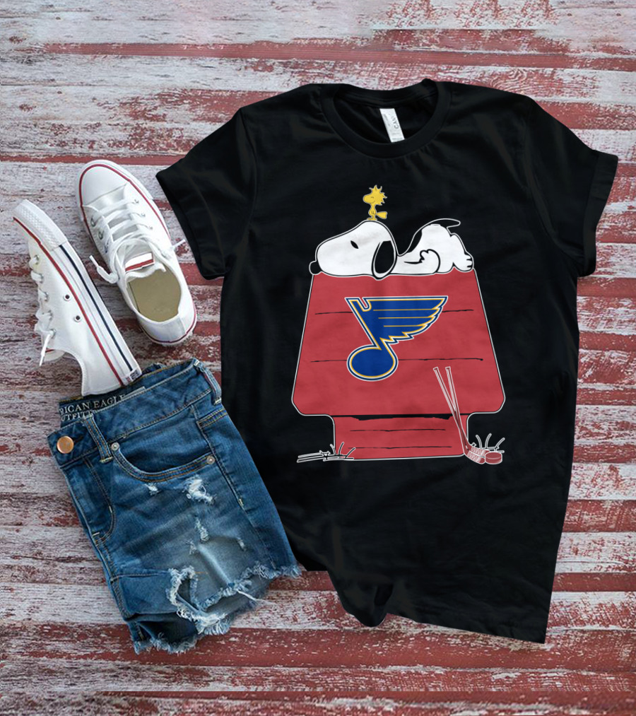 Snoopy And Woodstock With St. Louis Blues Logo On Doghouse T-Shirt