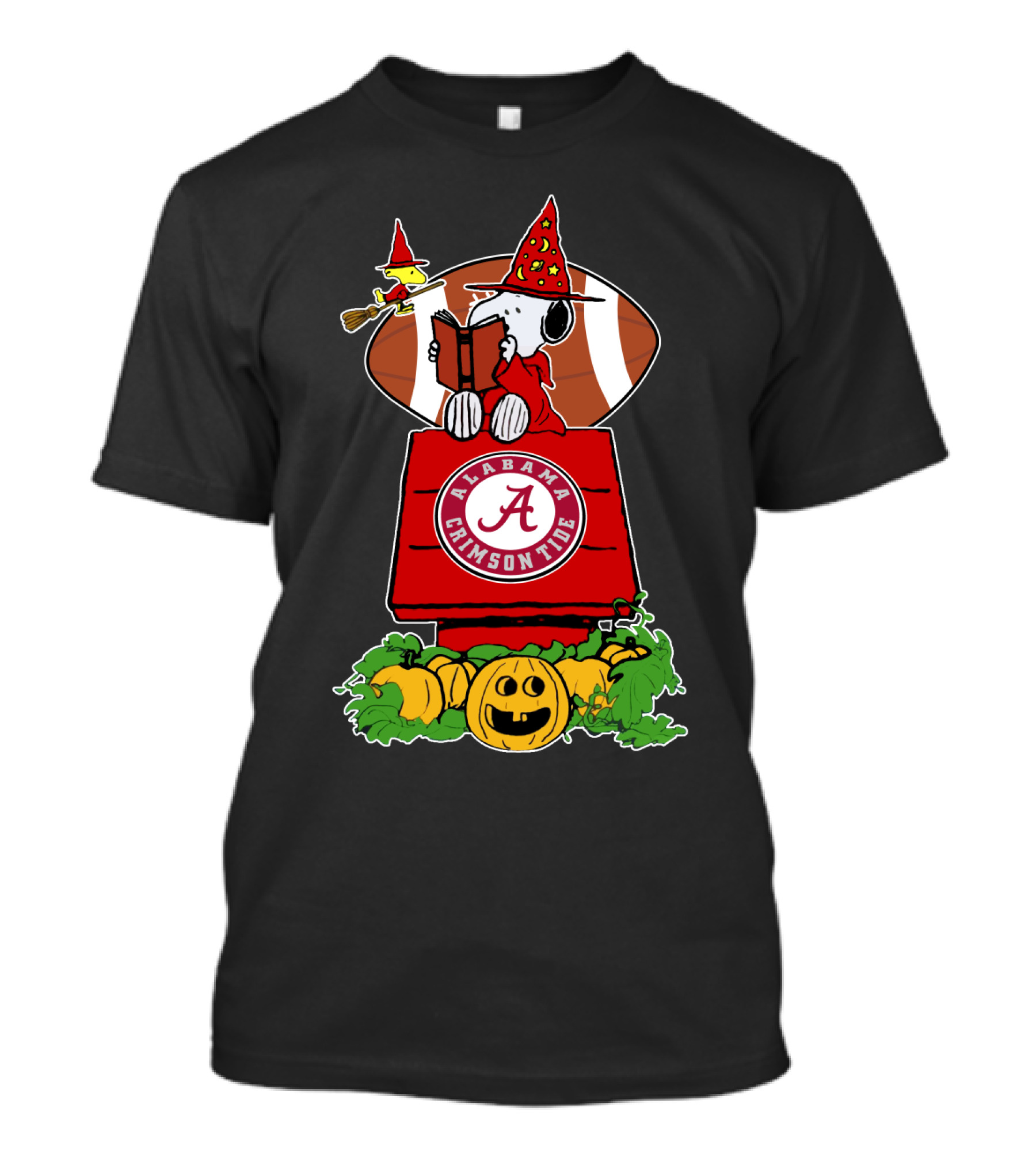 Alabama Crimson Tide Snoopy Halloween Scene With Football And Pumpkins T-Shirt