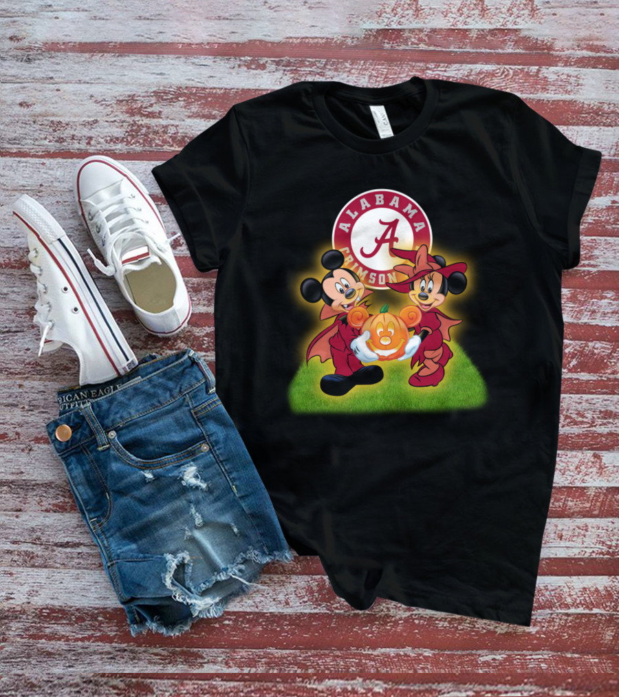 Alabama Crimson Tide Mickey And Minnie Halloween Football Pumpkin T-Shirt