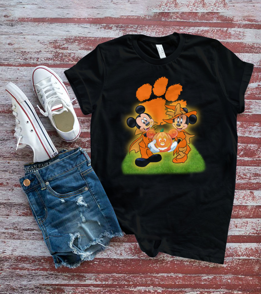 Clemson Halloween Football Mickey Minnie Pumpkin Paws T-Shirt