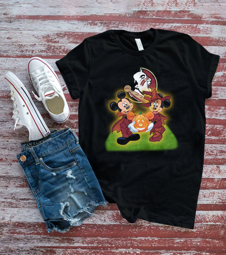 Fsu Football Halloween Mickey And Minnie With Pumpkin T-Shirt