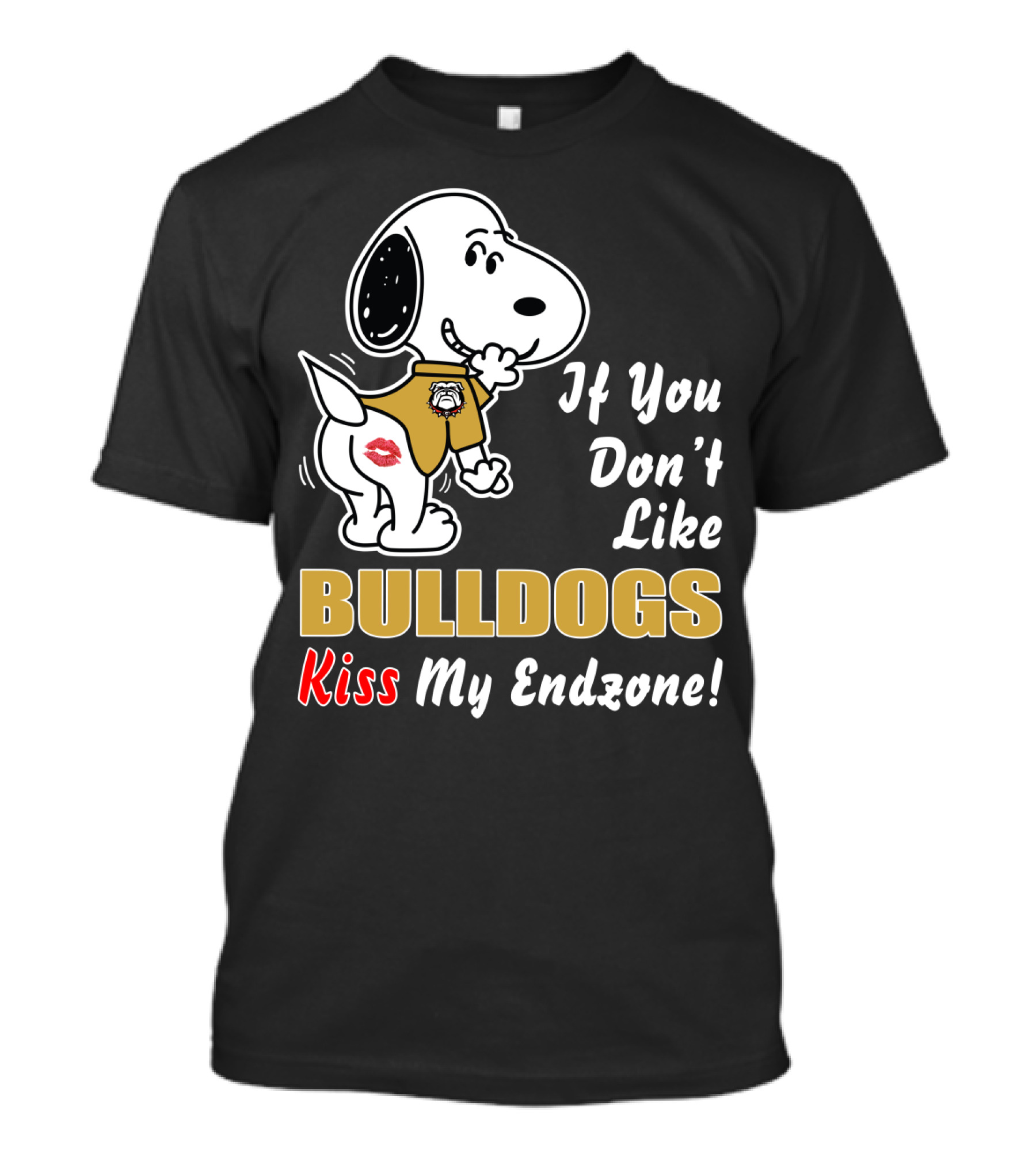 If You Don't Like Bulldogs Kiss My Endzone With Cartoon Dog In Football Jersey T-Shirt