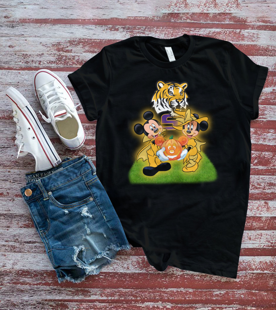 LSU Football Halloween Mickey And Minnie With Pumpkin Tiger T-Shirt