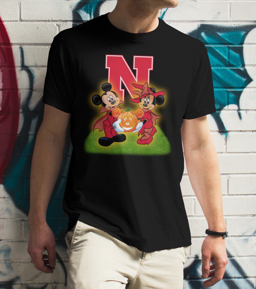 Halloween Nebraska Cornhuskers Football Mickey Minnie Pumpkin T-Shirt