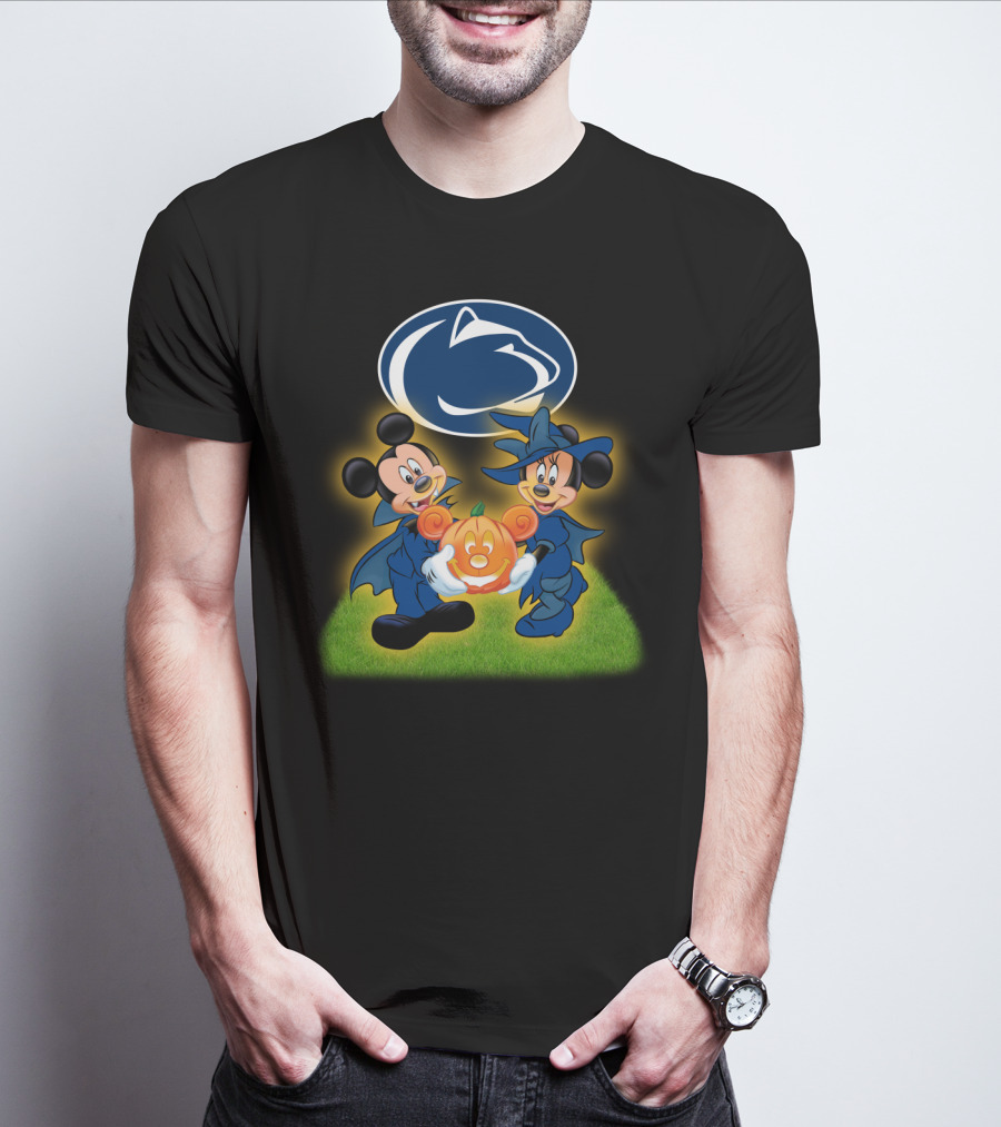 Penn State Nittany Lions Halloween With Mickey And Minnie Mouse Pumpkin T-Shirt