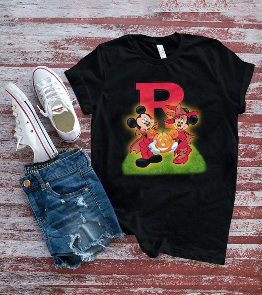 R Rutgers Halloween Mickey Minnie Pumpkin Football T-Shirt