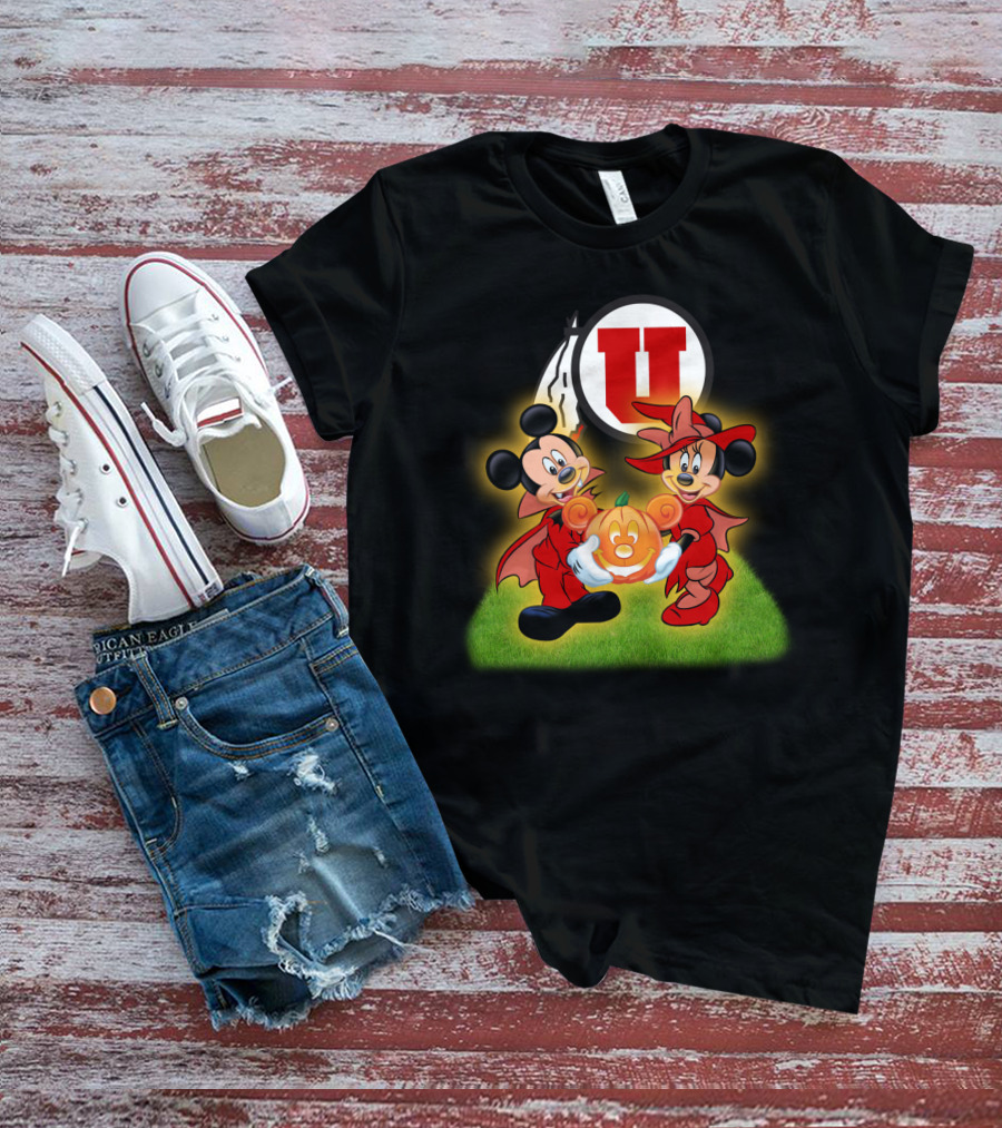 Utah U Halloween Football Pumpkin With Mickey And Minnie Mouse T-Shirt