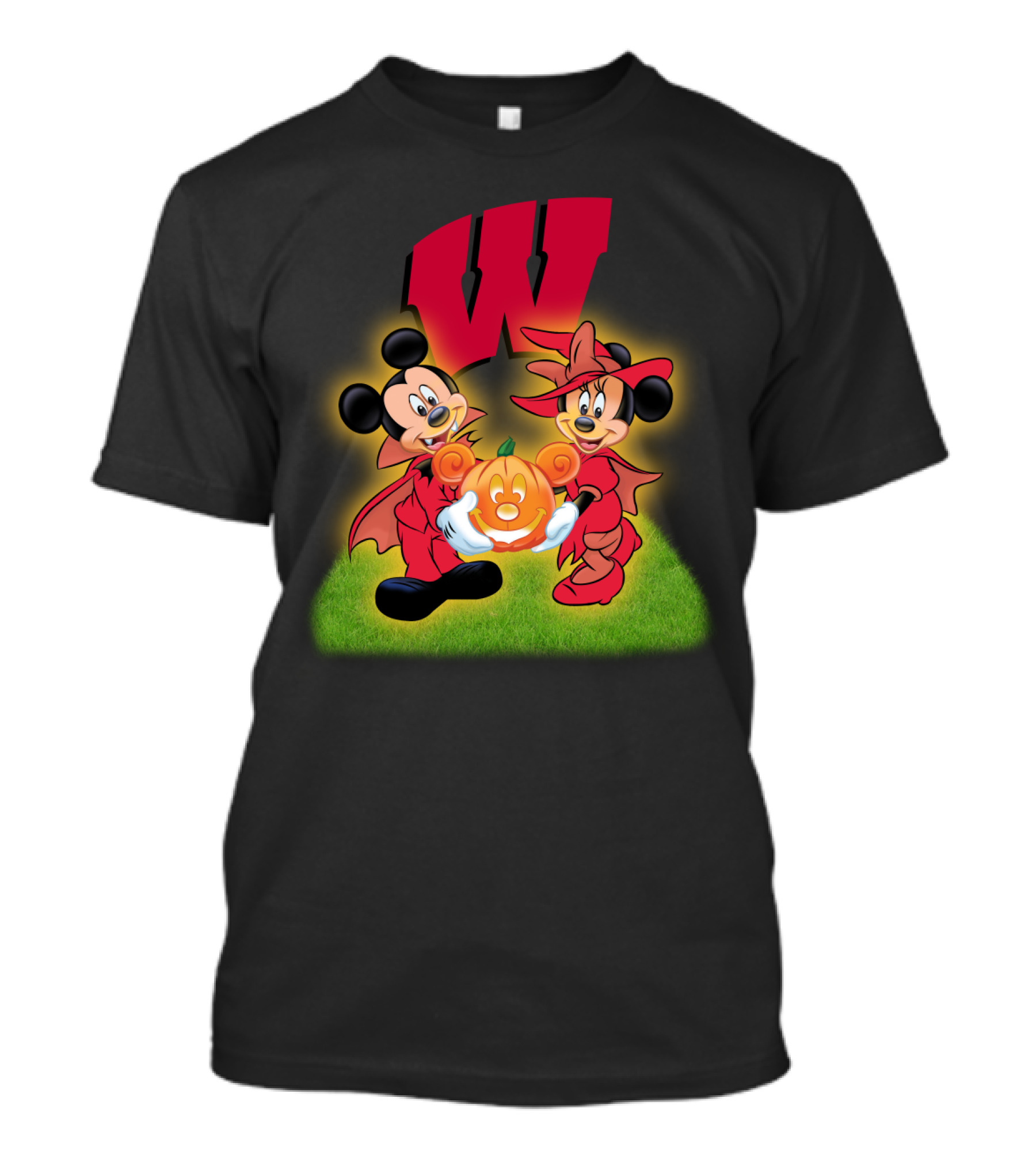 Halloween Wisconsin Badgers Football Mickey Minnie Pumpkin T-Shirt