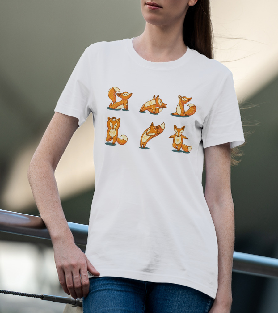 Fox Yoga Poses Playful Cartoon Style T-Shirt