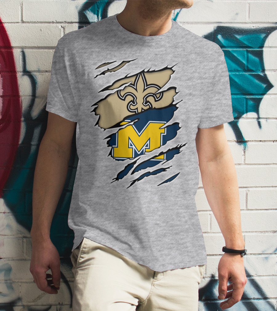 New Orleans Saints Fleur-De-Lis And Michigan Wolverines M Logo Ripped T-Shirt