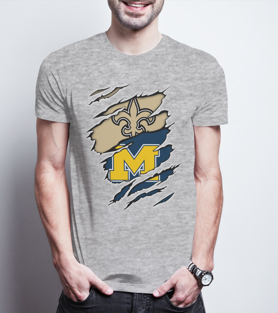 New Orleans Saints Fleur-De-Lis And Michigan Wolverines M Logo Ripped T-Shirt