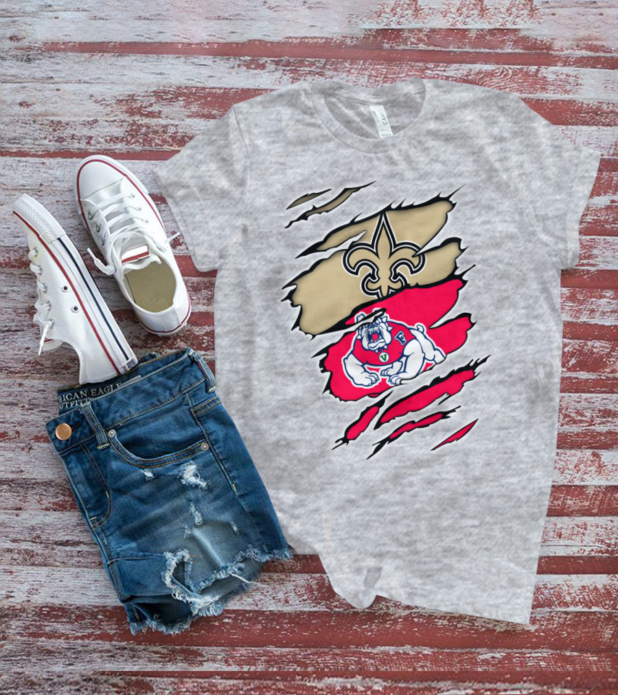 Fresno State Bulldogs And New Orleans Saints Emblem Fusion T-Shirt