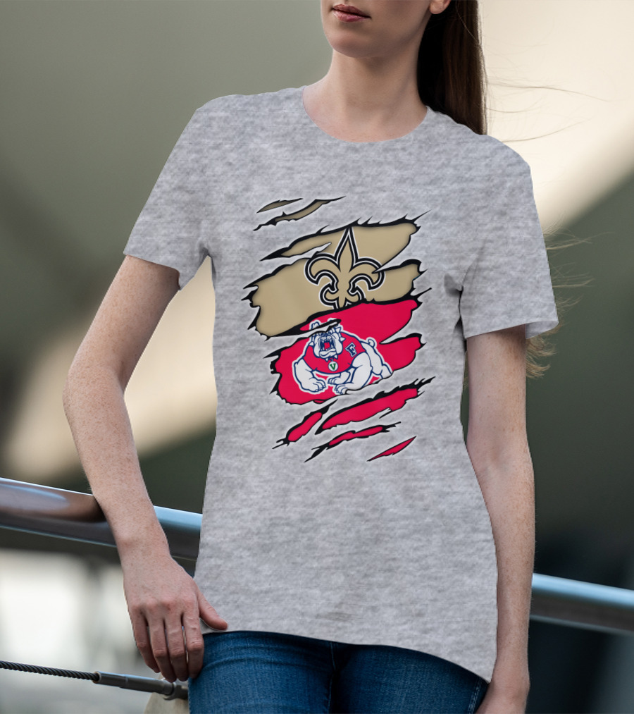 Fresno State Bulldogs And New Orleans Saints Emblem Fusion T-Shirt