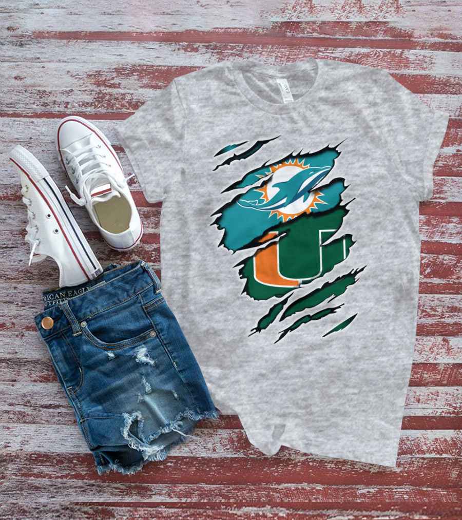 Miami Dolphins University Of Miami Hurricanes Logo Fusion T-Shirt