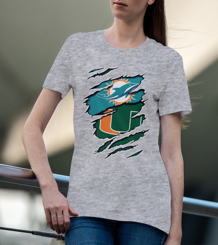 Miami Dolphins University Of Miami Hurricanes Logo Fusion T-Shirt