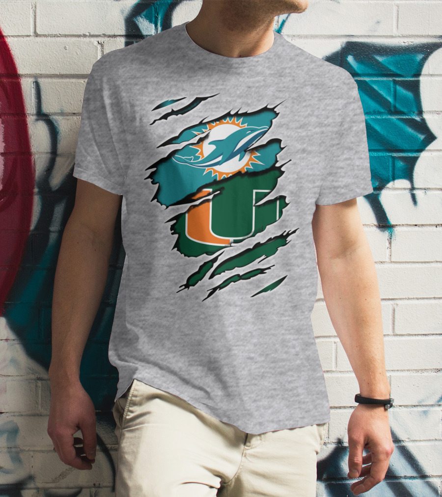 Miami Dolphins University Of Miami Hurricanes Logo Fusion T-Shirt