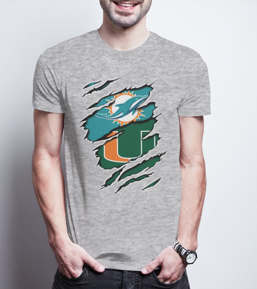 Miami Dolphins University Of Miami Hurricanes Logo Fusion T-Shirt