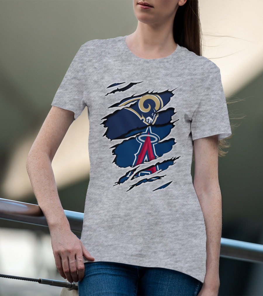 Rams Angels Rams Angles Logo Mashup On Ripped Blue Background T-Shirt