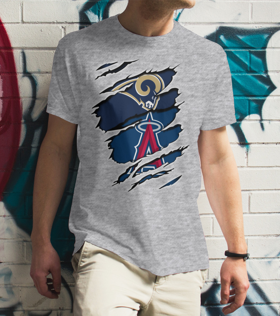 Rams Angels Rams Angles Logo Mashup On Ripped Blue Background T-Shirt