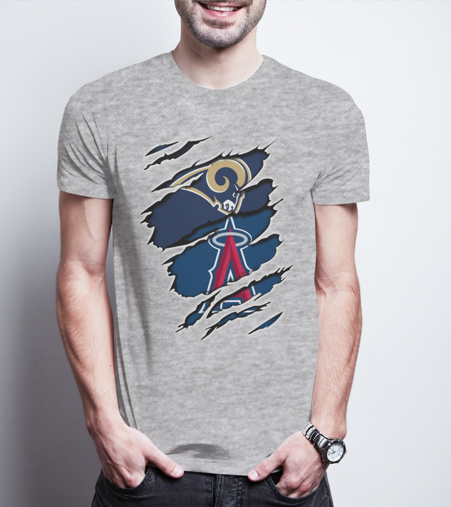 Rams Angels Rams Angles Logo Mashup On Ripped Blue Background T-Shirt