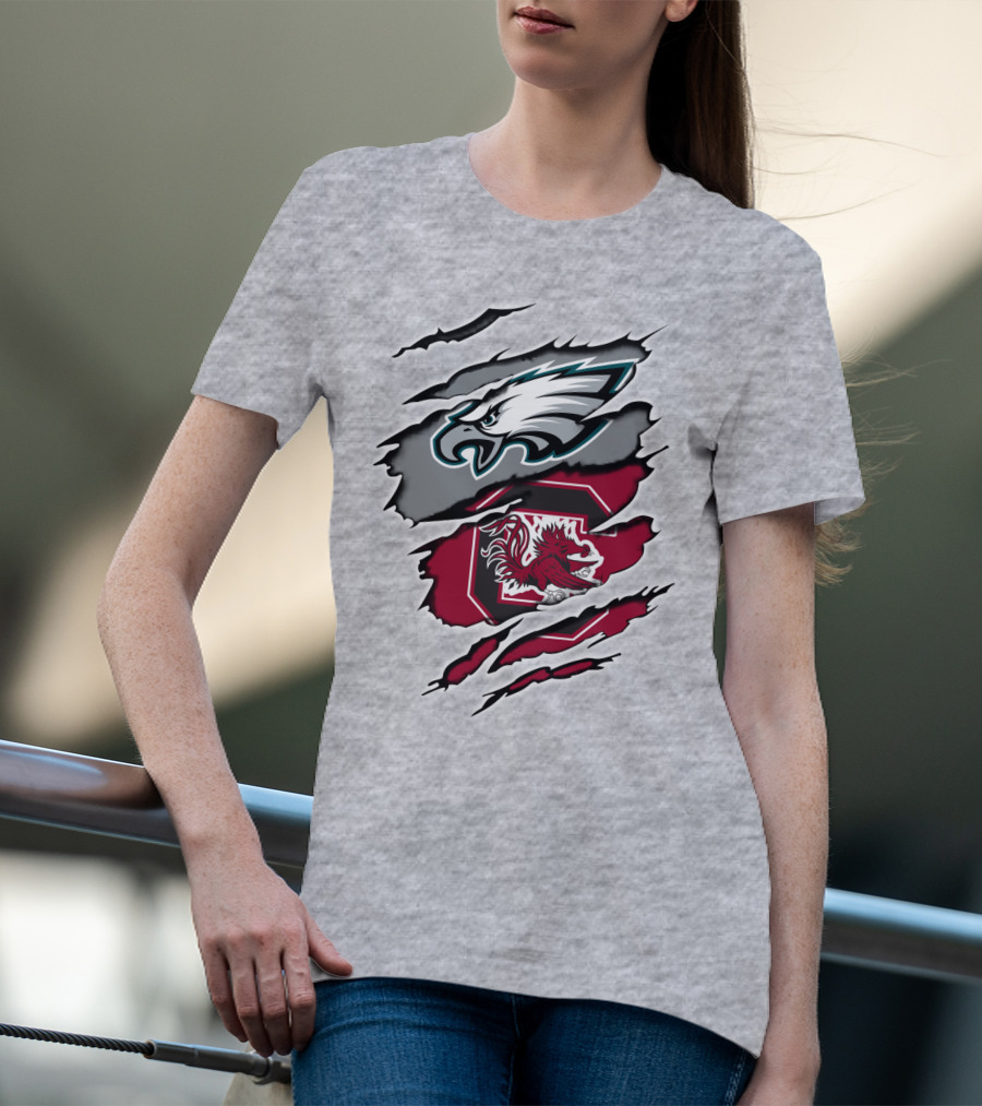 Eagles Gamecocks Logo Clash On Ripped Grey Background T-Shirt