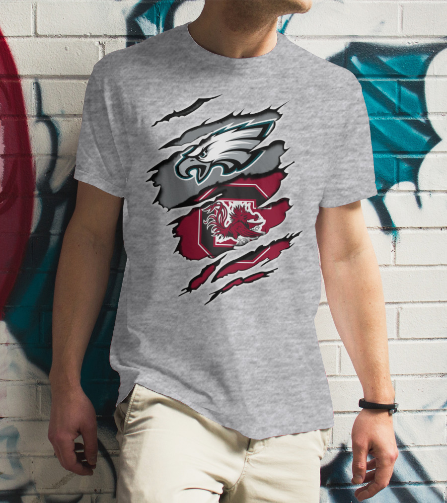 Eagles Gamecocks Logo Clash On Ripped Grey Background T-Shirt