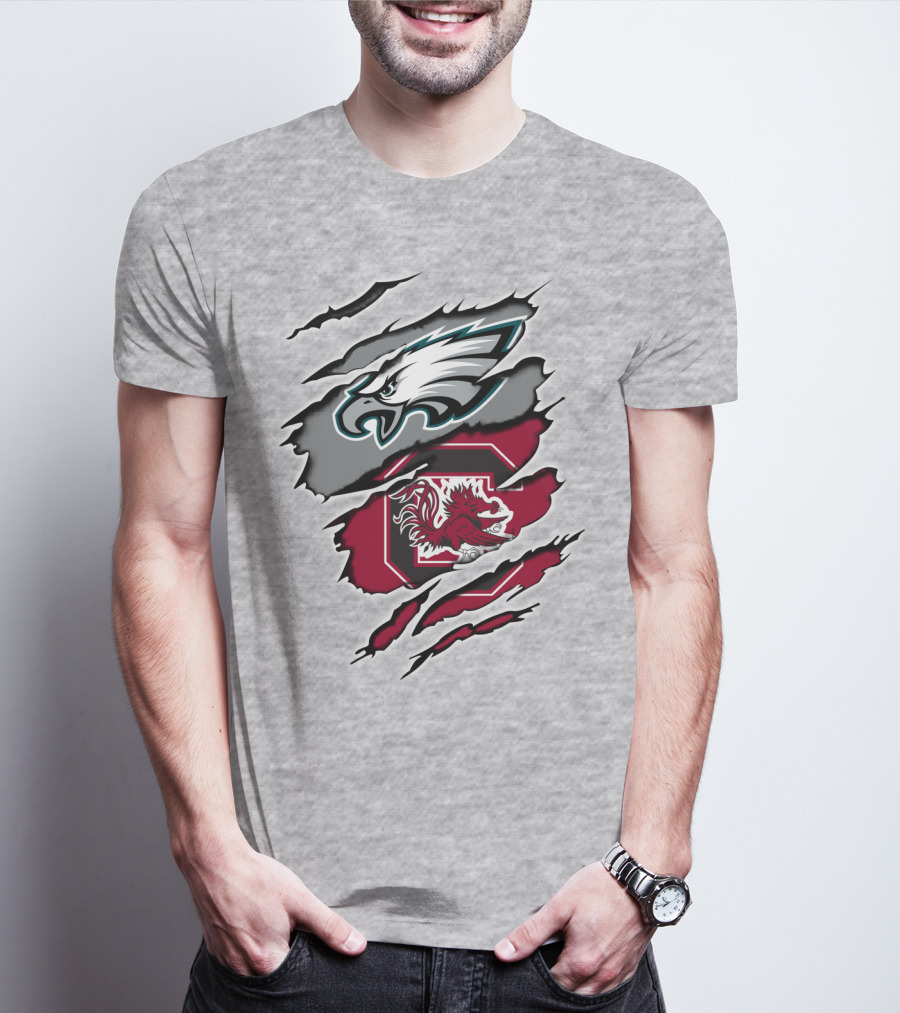 Eagles Gamecocks Logo Clash On Ripped Grey Background T-Shirt