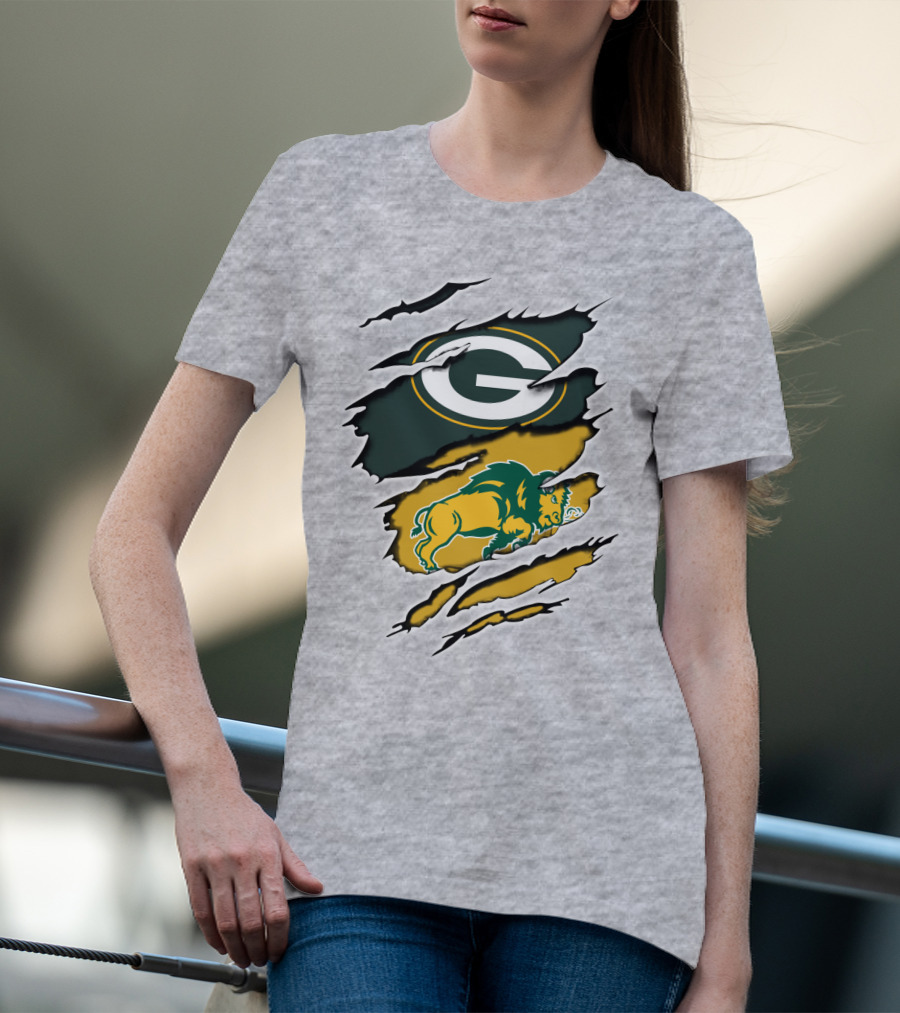 Packers Green And Gold G Logo With Dakota Bison Ripped T-Shirt
