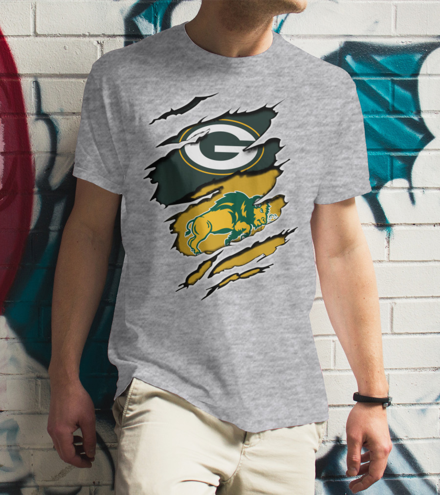 Packers Green And Gold G Logo With Dakota Bison Ripped T-Shirt