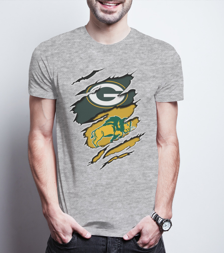 Packers Green And Gold G Logo With Dakota Bison Ripped T-Shirt