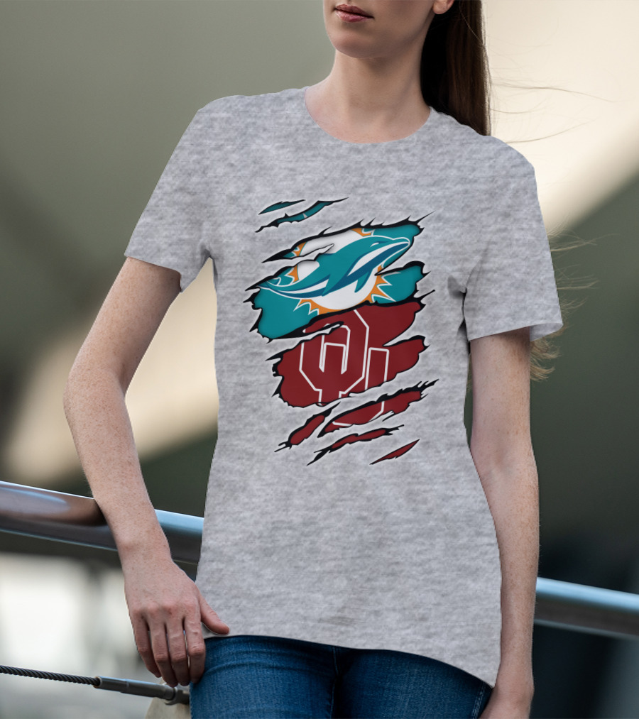 Miami Dolphins Oklahoma Sooners Teal Aqua Crimson Red Blend T-Shirt