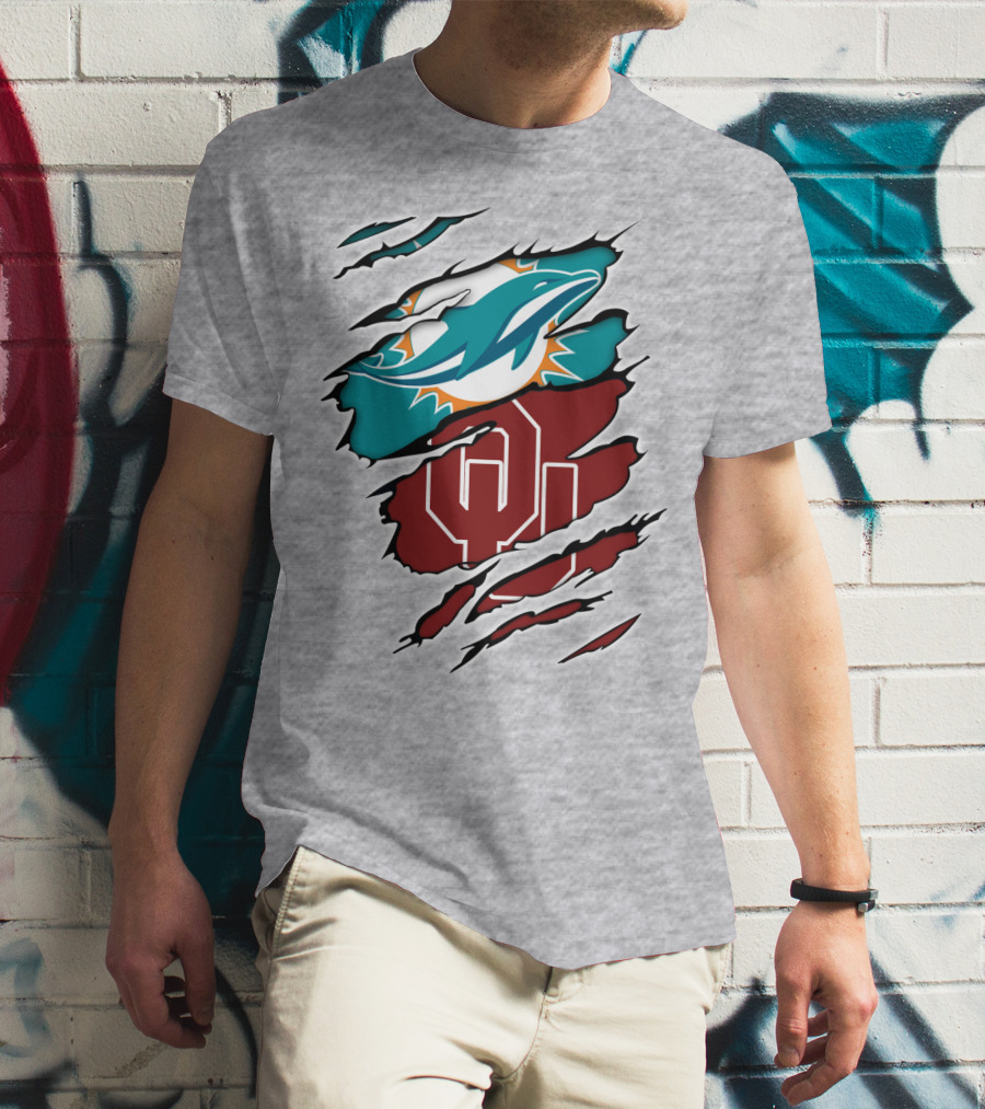 Miami Dolphins Oklahoma Sooners Teal Aqua Crimson Red Blend T-Shirt