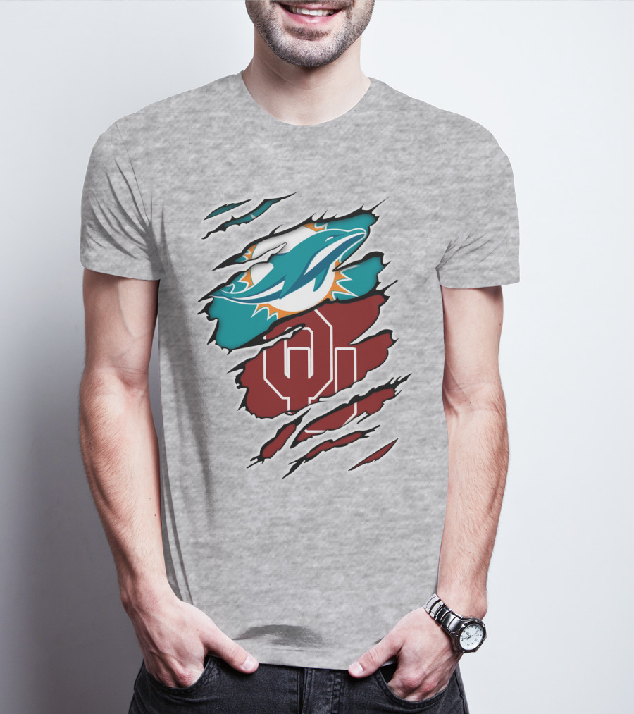 Miami Dolphins Oklahoma Sooners Teal Aqua Crimson Red Blend T-Shirt