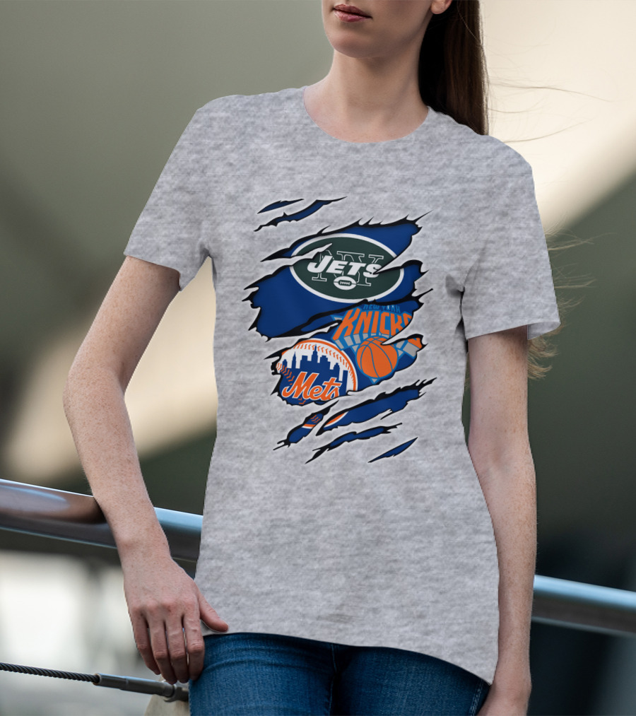 New York Jets Mets Knicks Logo Fusion NFL MLB NBA Team Pride T-Shirt