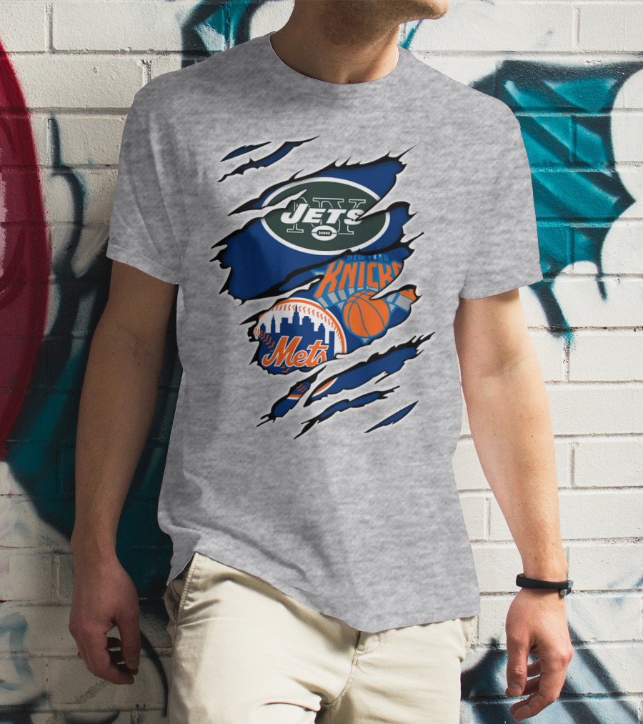 New York Jets Mets Knicks Logo Fusion NFL MLB NBA Team Pride T-Shirt