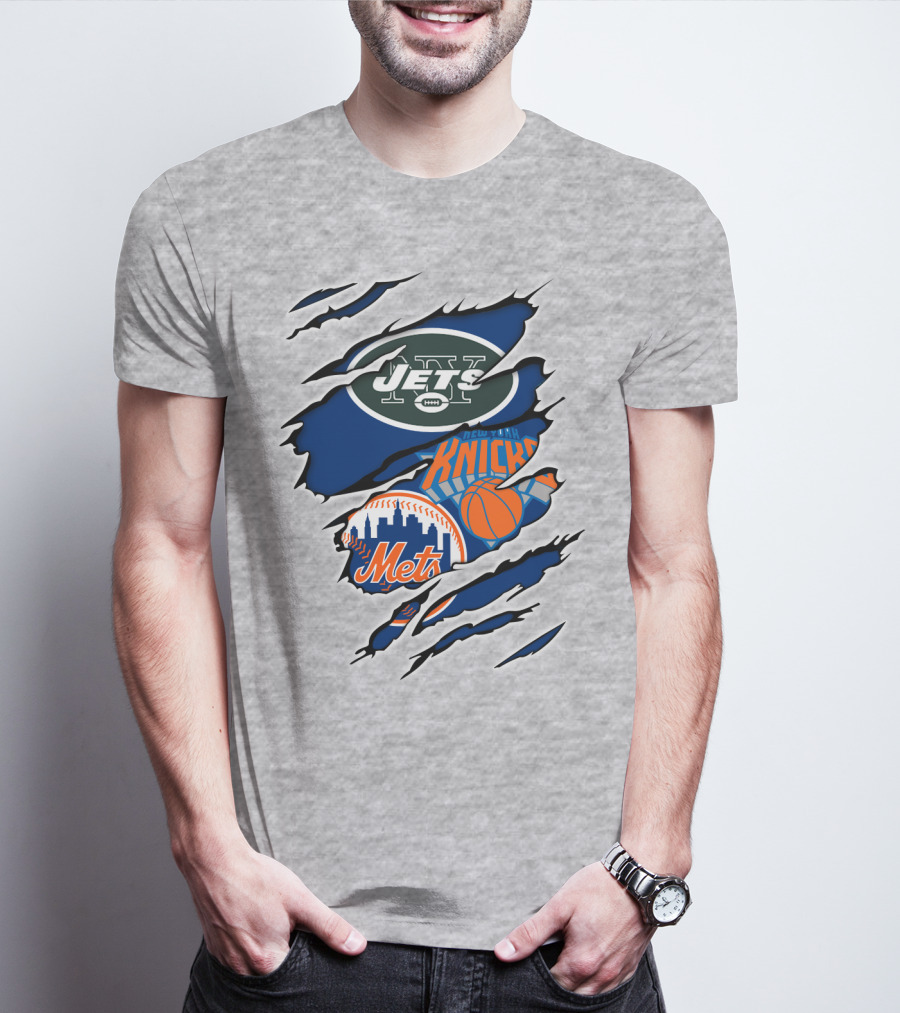 New York Jets Mets Knicks Logo Fusion NFL MLB NBA Team Pride T-Shirt
